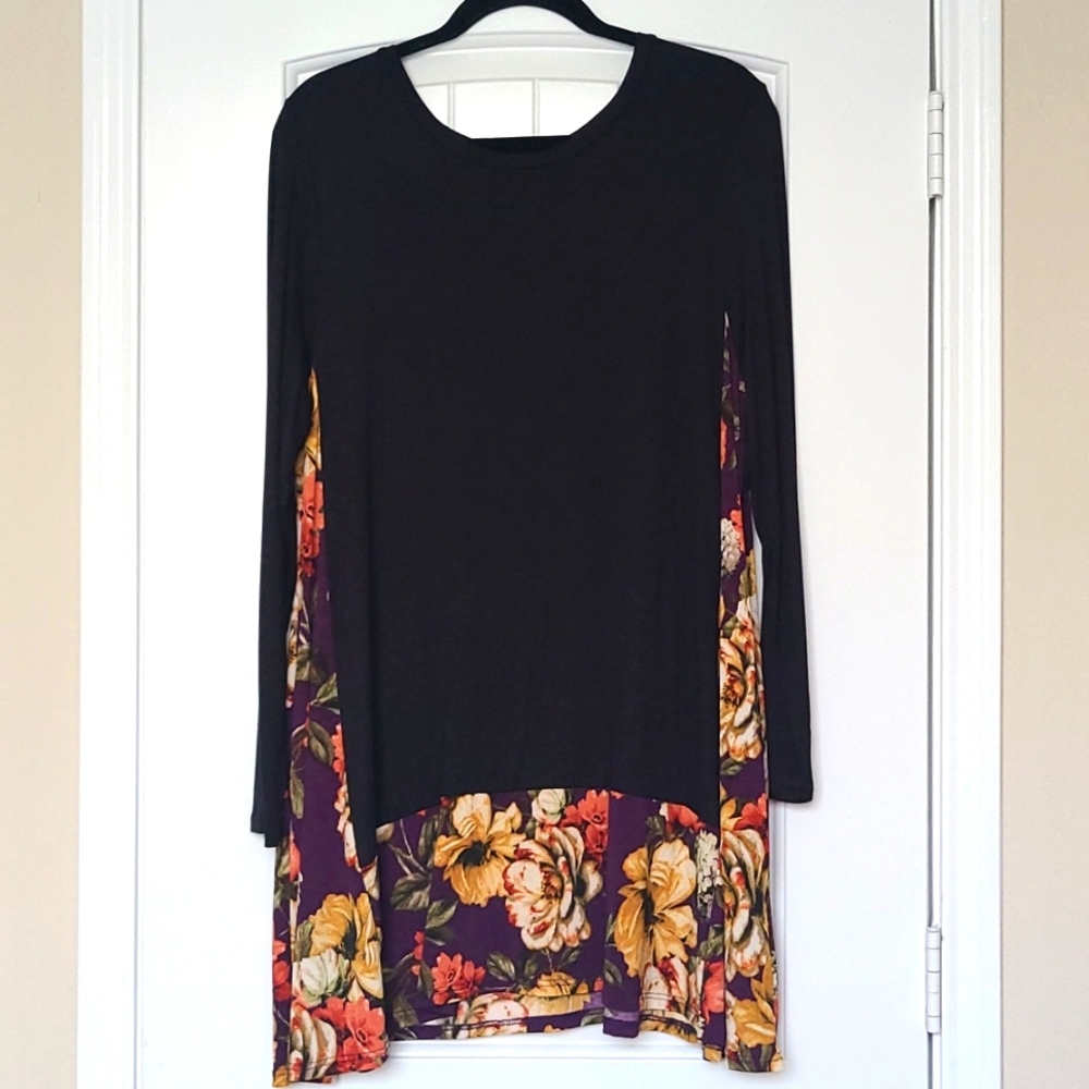 Black 1X Dress with Floral Trim